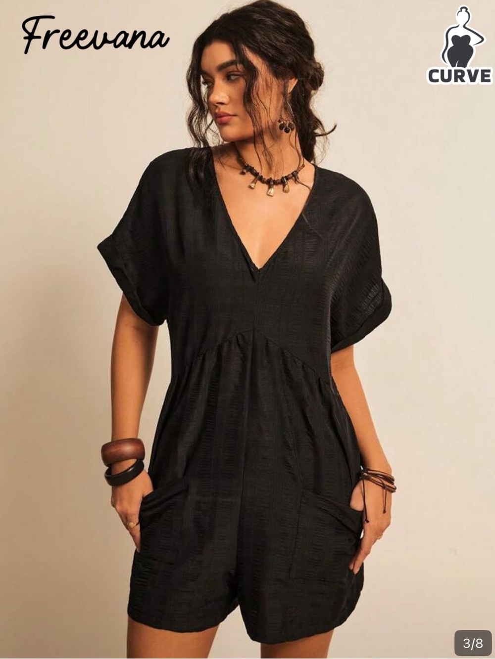 SHEIN Black V-Neck Short Sleeve Romper with Pockets